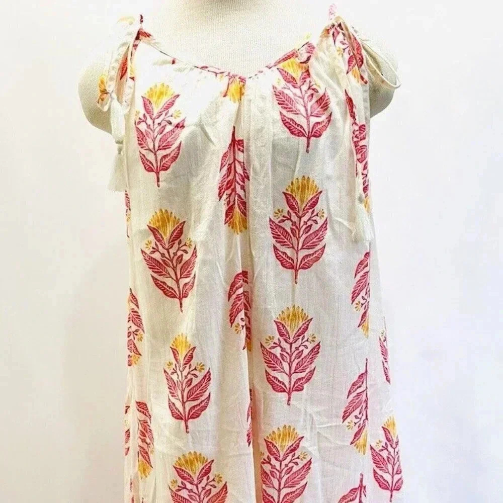 Women Sleeveless Pullover V-Neck Neck Tassels Fully Lined Floral Dress Size PXL